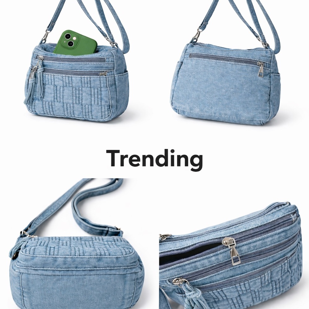 Light Blue Denim Quilted Crossbody Shoulder Bag